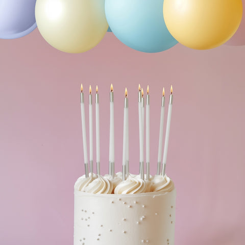 15cm Silver Double Dipped Cake Candles - White (Pack of 12)