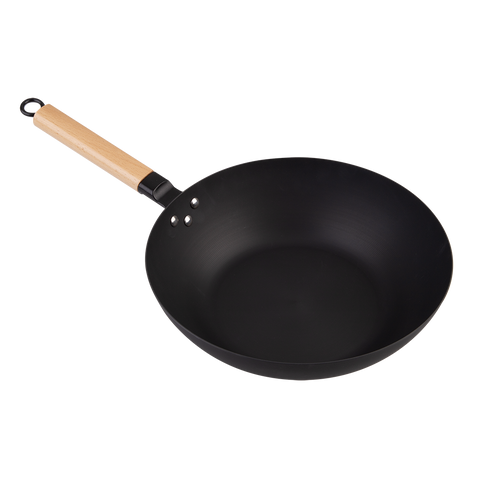 Black Carbon Steel Pre-Seasoned Stir Fry Pan 30cm Dia. W/ Beechwood Handle