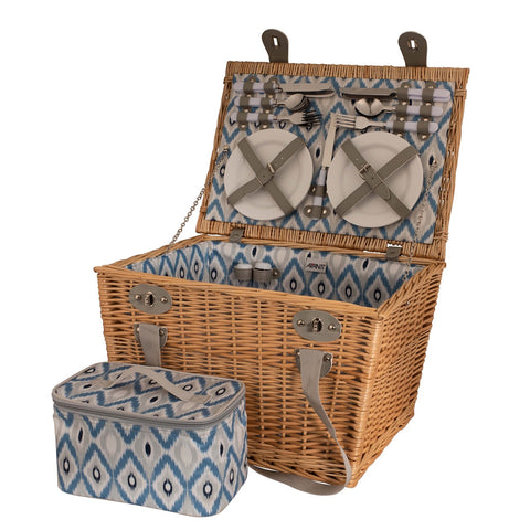 4 Person Round Wicker Picnic Basket - Ikat Pattern Lining