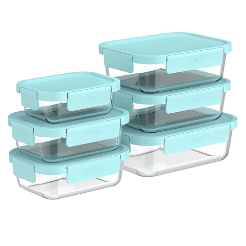 12 Piece Rectangle Glass Food Storage Set - Soft Aqua