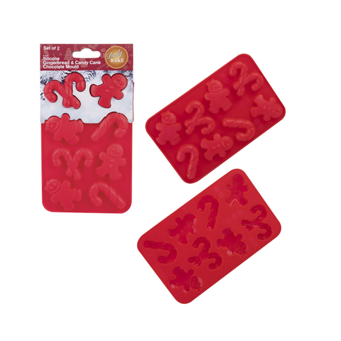Silicone Gingerbread & Candy Cane 8 Cup Chocolate Mould Set 2 - Red