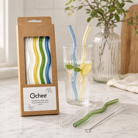 Drinkit Reusable Wavy Tempered Glass Straws Including Straw Cleaning Bursh Set of 5