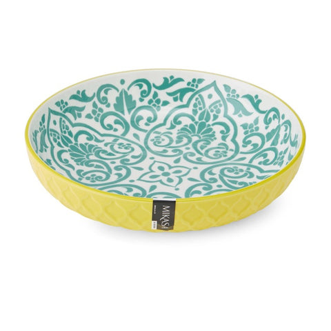 Glazed Stoneware Coupe Bowl, Yellow and Blue Geometric, 21x5cm, Labelled