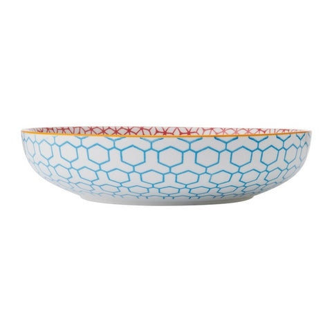 Glazed Stoneware Coupe Bowl, Geometric Blue, 21x5cm, Labelled