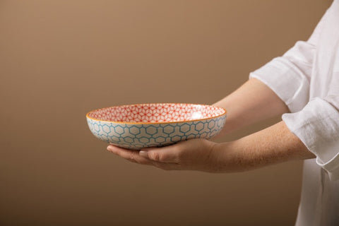 Glazed Stoneware Coupe Bowl, Geometric Blue, 21x5cm, Labelled