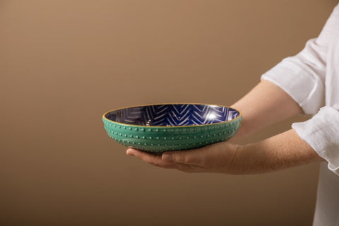 Glazed Stoneware Coupe Bowl, Indigo Chevron, 21x5cm, Labelled