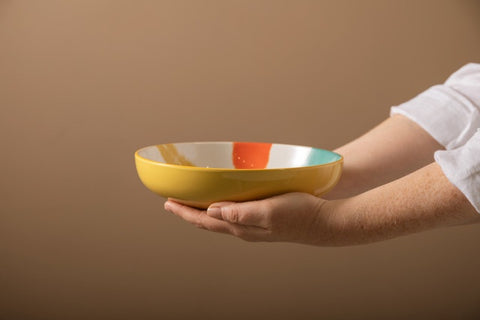 Glazed Stoneware Coupe Bowl, Yellow Abstract, 21x5cm, Labelled